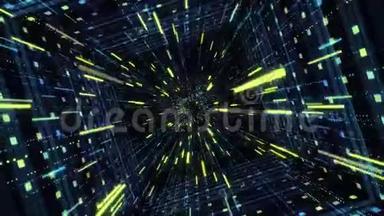 带有霓虹灯条纹的网络广场隧道。 动画。 霓虹灯穿隧道潜入网络空间的催眠效应